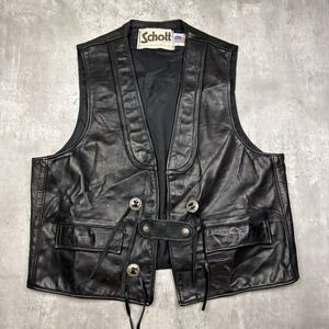 Vintage Schott Western Vest Mens L Black Leather Concho Biker Cowboy USA Made